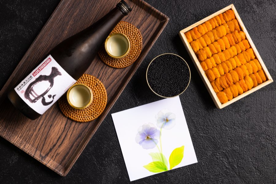 Uni and caviar with sake, a celebration